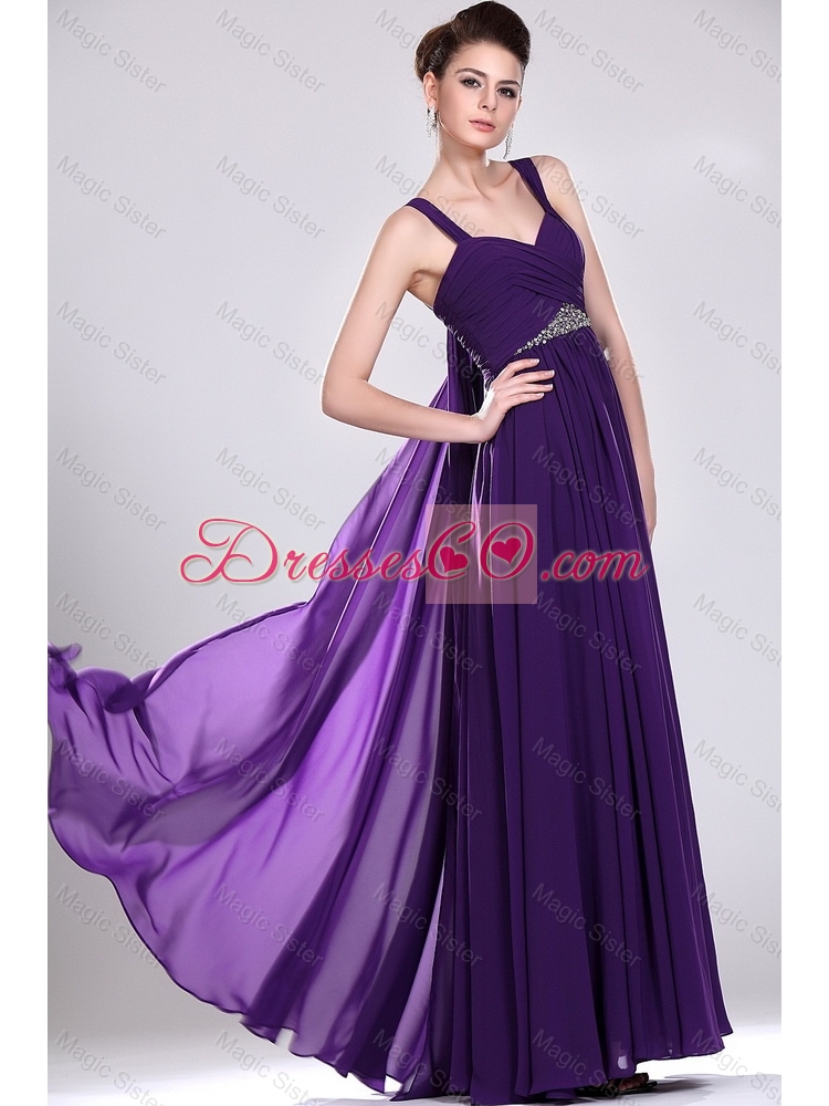 Perfect Straps Purple Prom Gowns with Ruching and Beading