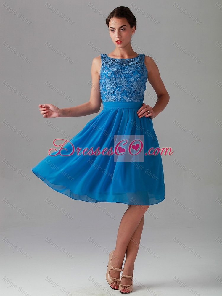 Classical Luxurious New Style Beautiful Empire Bateau Blue Prom Dress with Lace