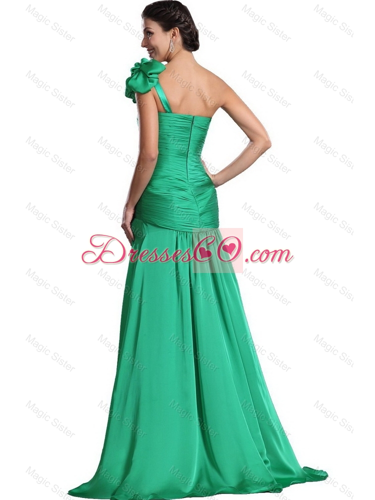 Discount Brush Train Ruched Green Prom Dress with One Shoulder
