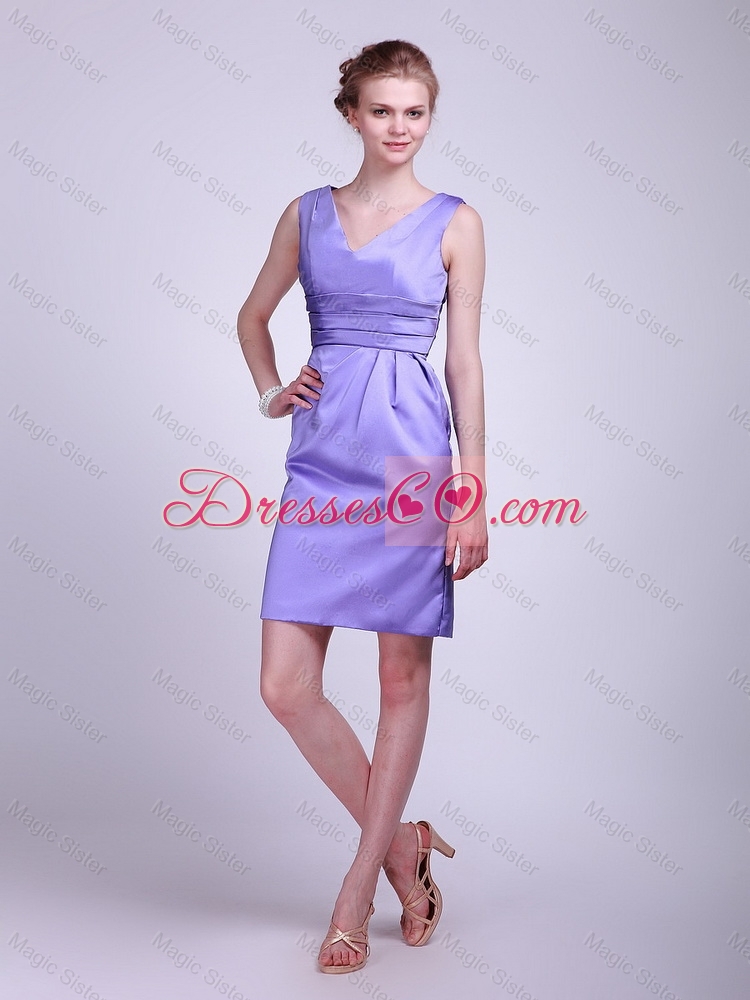 Modern V Neck Short Lavender Prom Dress with Ruching