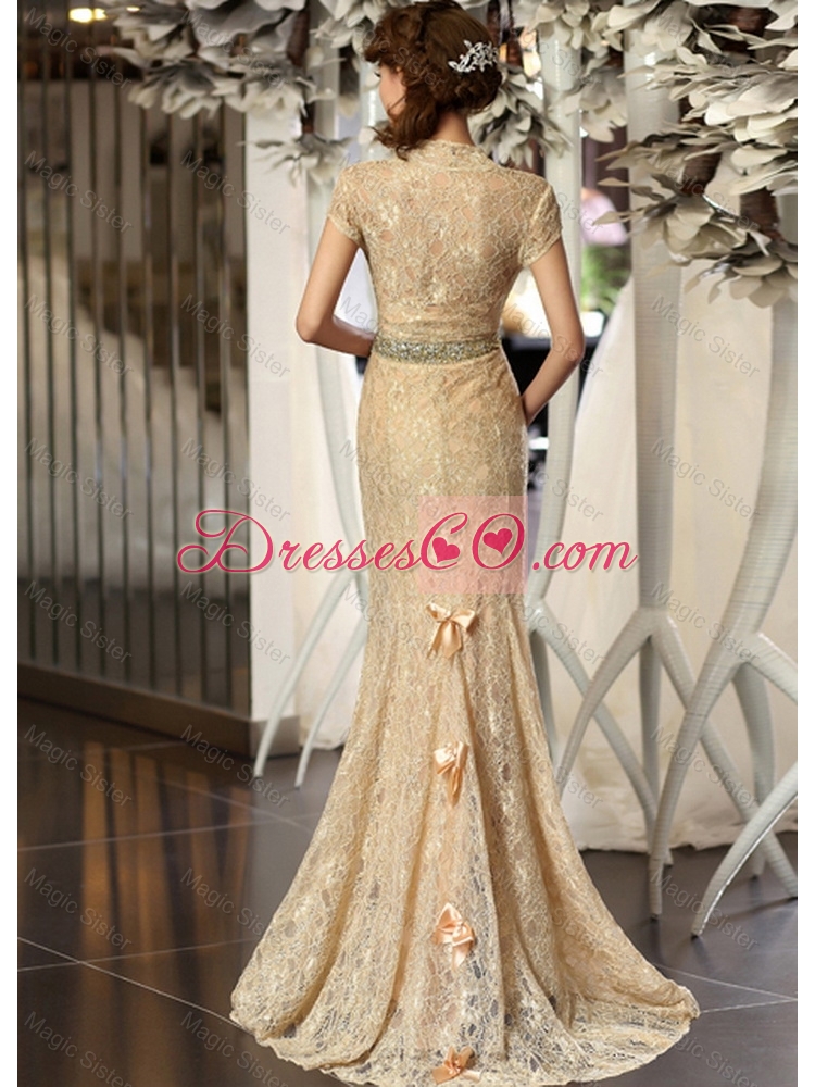 New Style Column V Neck Lace Prom Dress with Brush Train