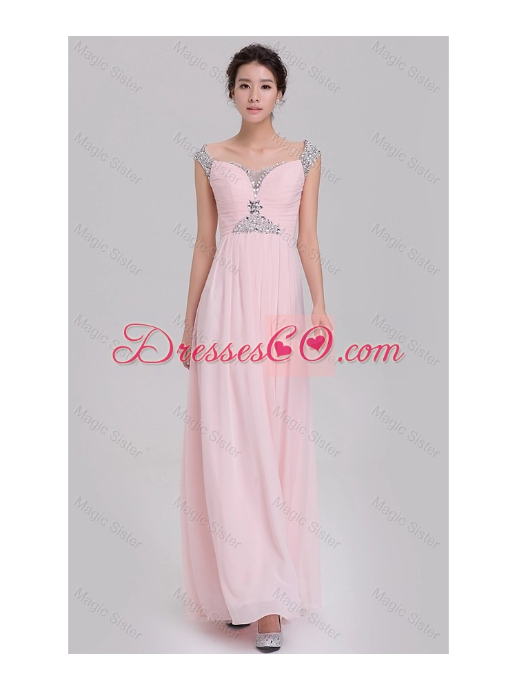 New Style Elegant Empire Off The Shoulder Cap Sleeves Pink Prom Dress with Beading