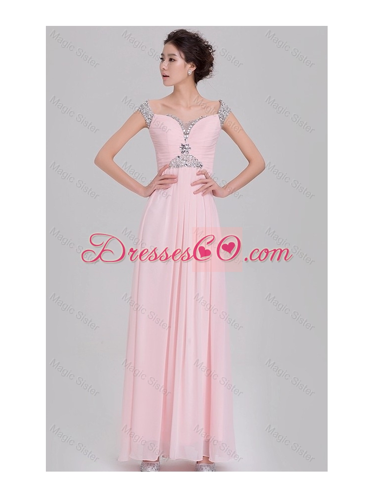 New Style Elegant Empire Off The Shoulder Cap Sleeves Pink Prom Dress with Beading