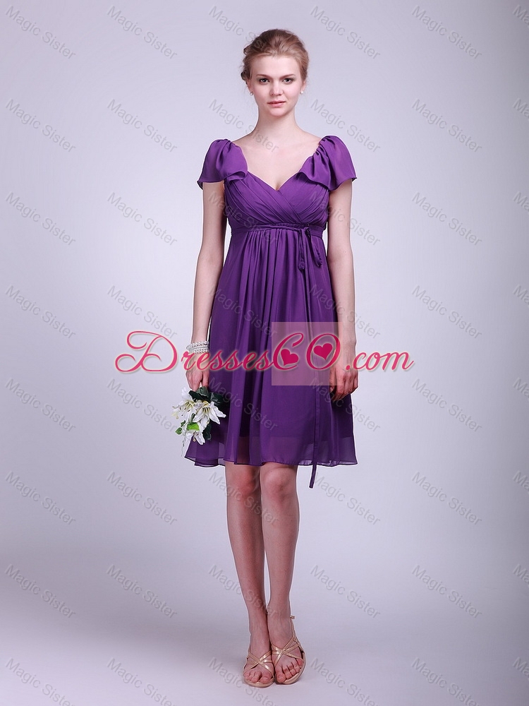 Brand New Short V Neck Ruching Purple Cap Sleeves Prom Dress