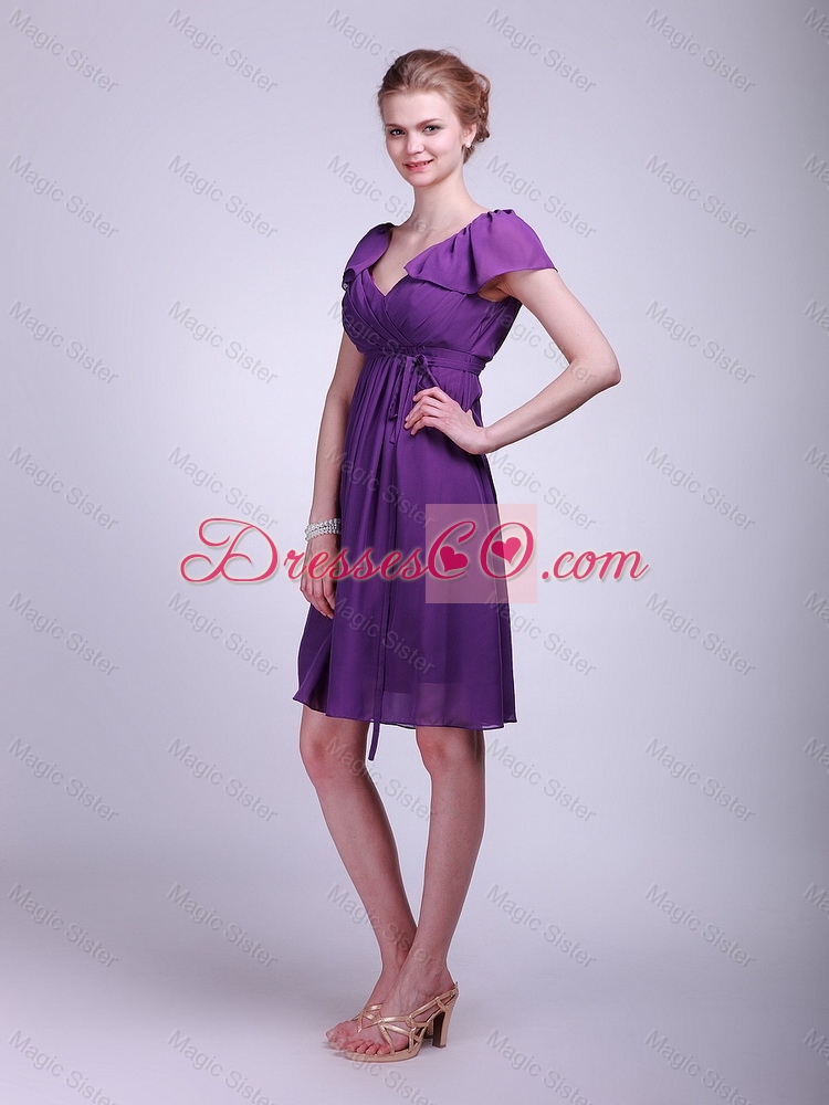 Brand New Short V Neck Ruching Purple Cap Sleeves Prom Dress