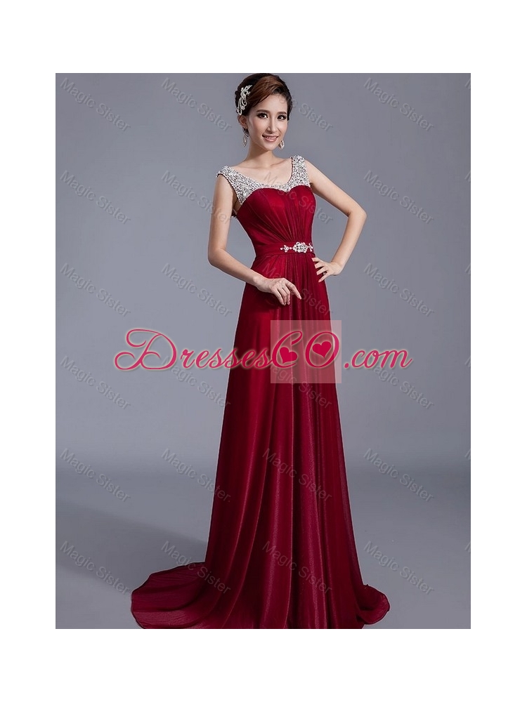 Cheap Brush Train Scoop Zipper Up Prom Dress in Wine Red