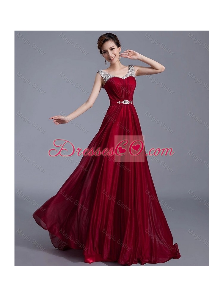 Cheap Brush Train Scoop Zipper Up Prom Dress in Wine Red