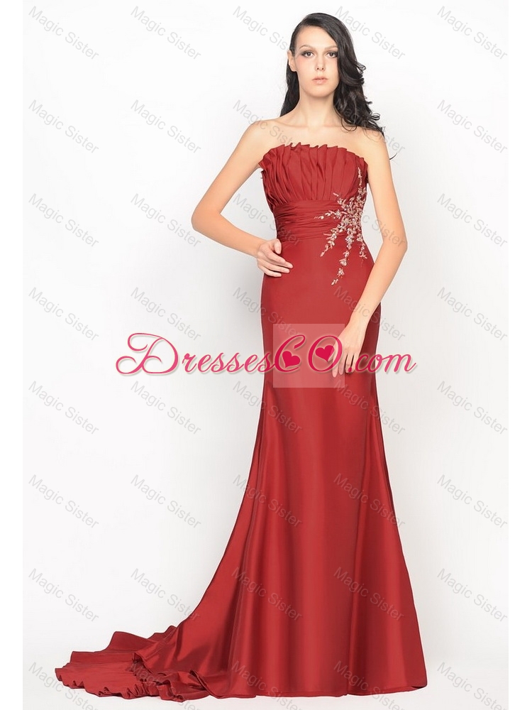 Cheap Lovely New Style Beautiful Column Strapless Rust Red Prom Dress with Brush Train