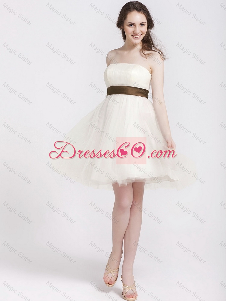 Classical Luxurious Latest Elegant Strapless Tulle Sashes Prom Gowns in Champagne