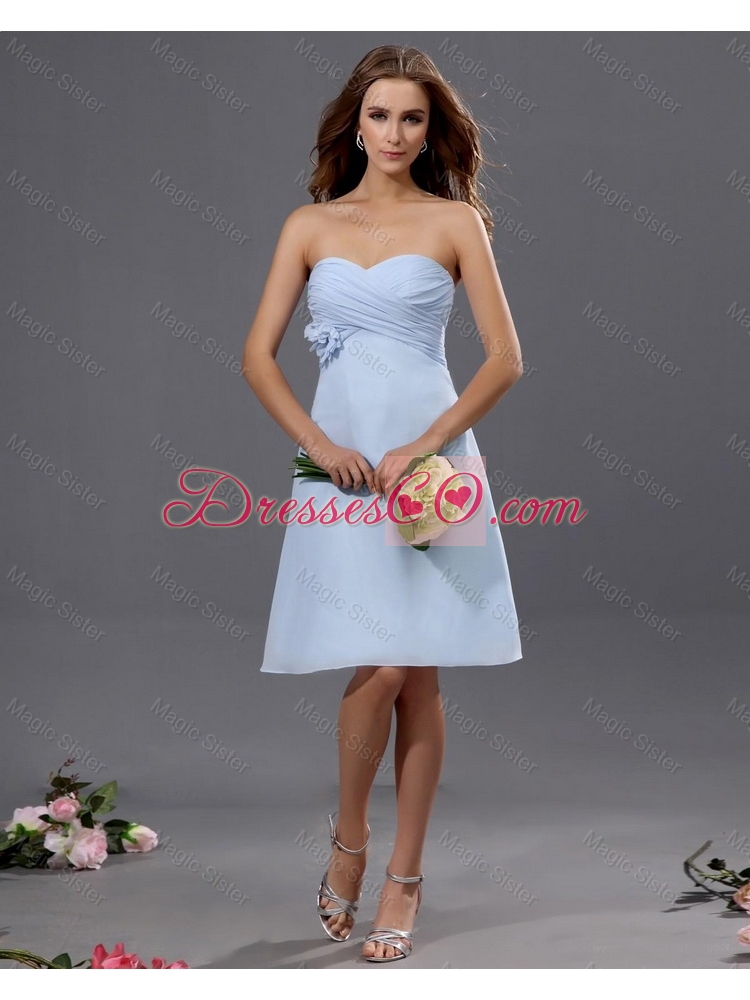 Classical Luxurious Latest Gorgeous Ruching and Hand Made Flower Short Prom Dress in Light Blue