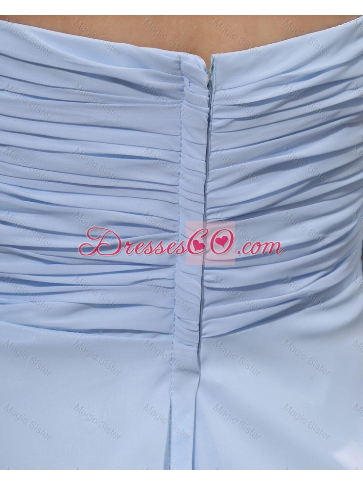 Classical Luxurious Latest Gorgeous Ruching and Hand Made Flower Short Prom Dress in Light Blue