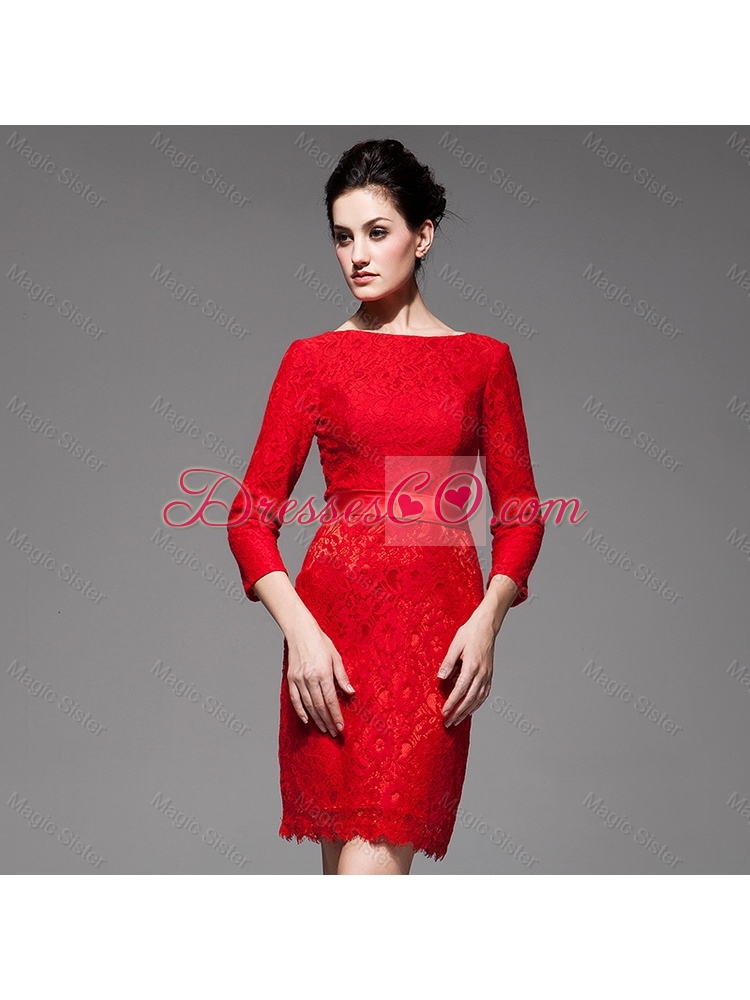 Custom Made Lace 3/4 Sleeves Short Red Prom Dress with Belt