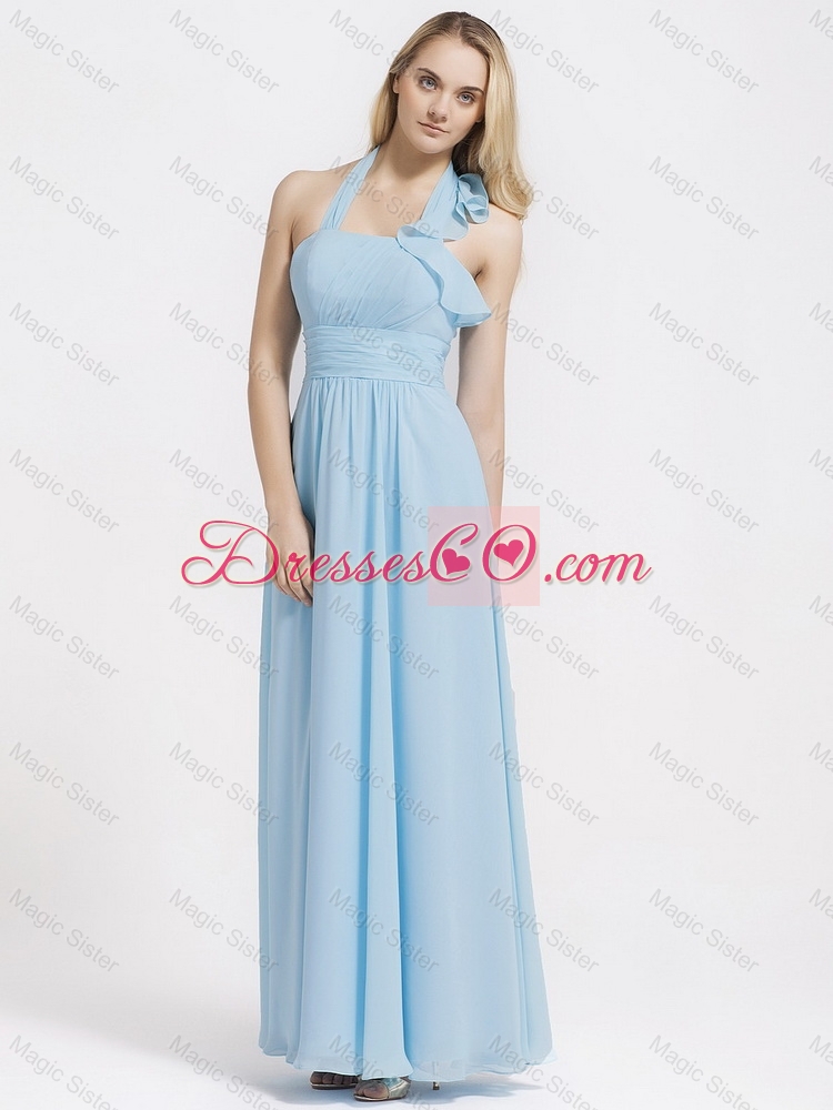 Gorgeous Halter Top Ruffles and Belt Baby Blue Prom Dress