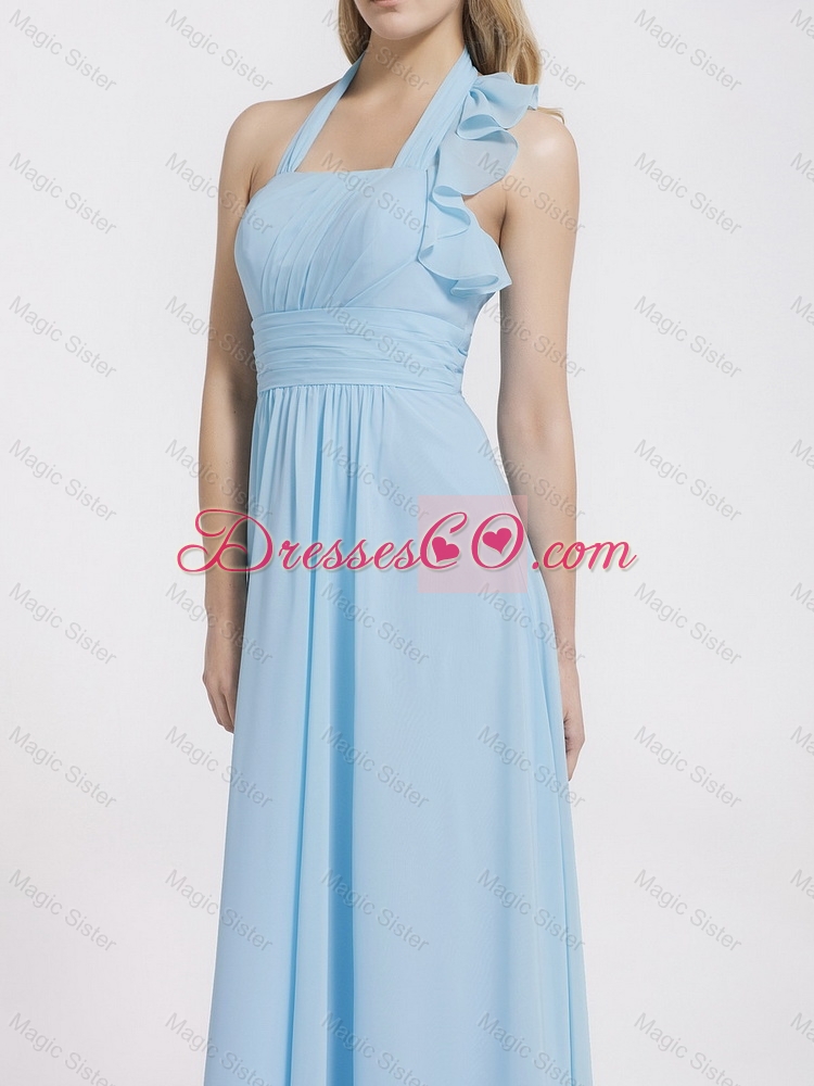 Gorgeous Halter Top Ruffles and Belt Baby Blue Prom Dress