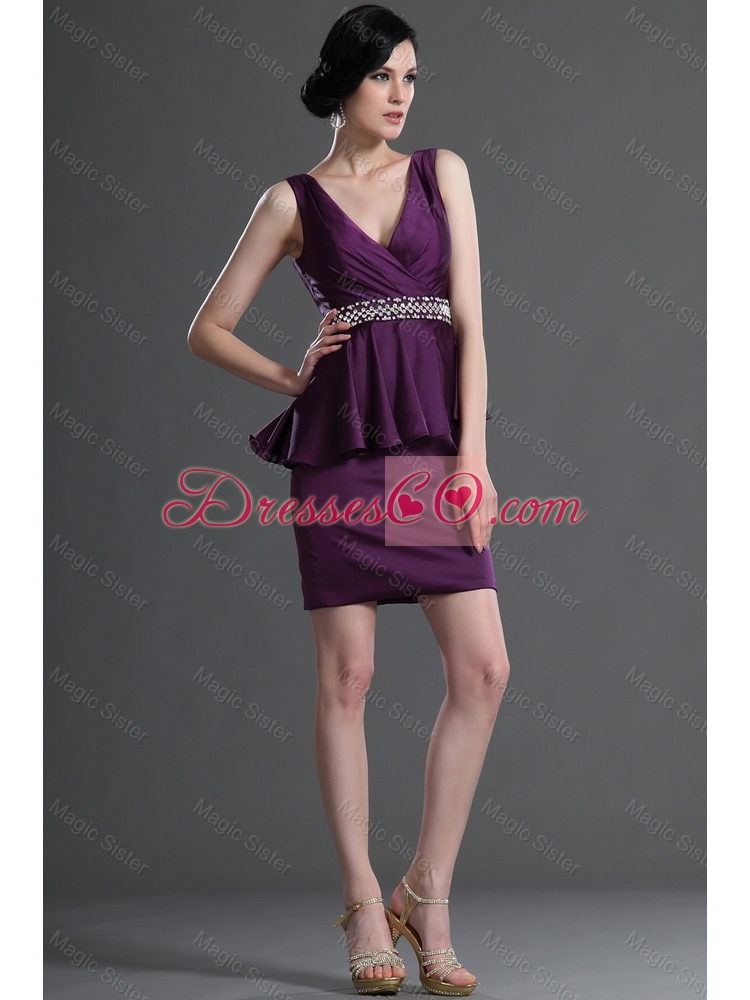 Most Popular V Neck Short Eggplant Purple Prom Dress with Beading