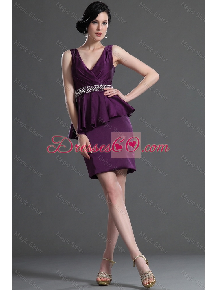 Most Popular V Neck Short Eggplant Purple Prom Dress with Beading
