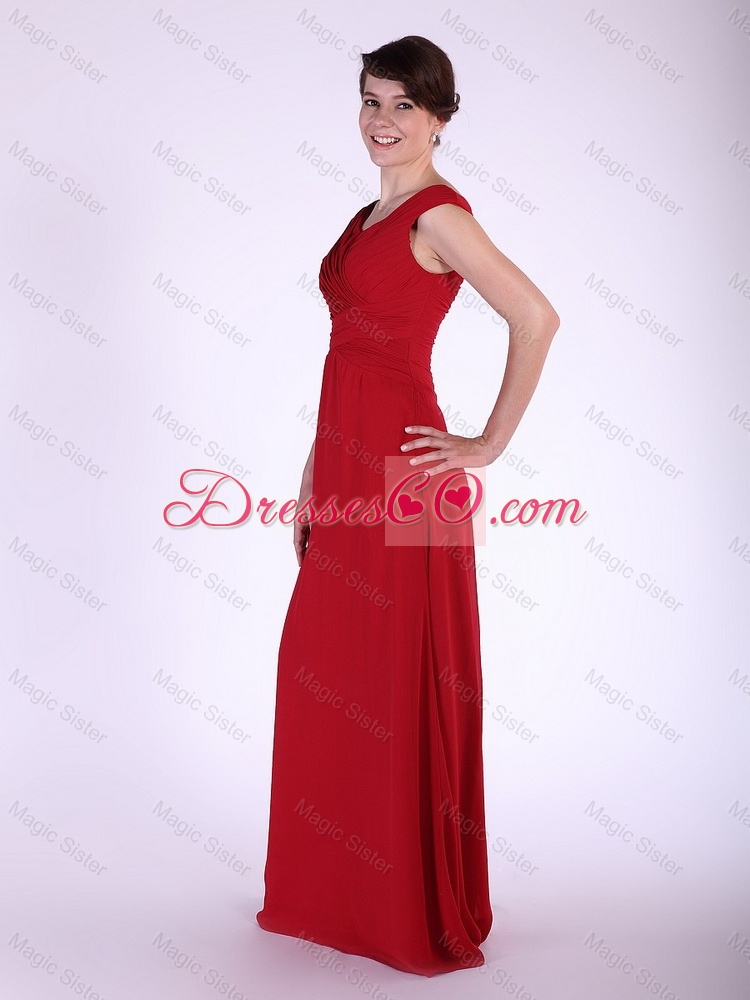 New Arrival V Neck Wine Red Long Prom Dress with Ruching