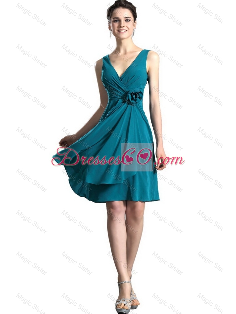 Pretty Teal V Neck Prom Gown with Hand Made Flowers