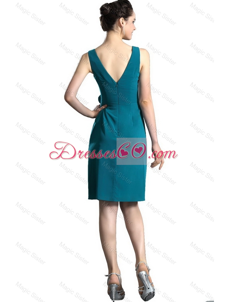 Pretty Teal V Neck Prom Gown with Hand Made Flowers
