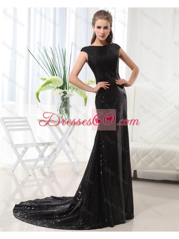 Beautiful Column Bateau Brush Train Sequins Prom Dress in Black