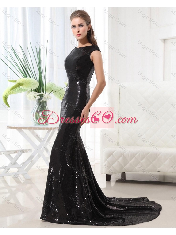 Beautiful Column Bateau Brush Train Sequins Prom Dress in Black