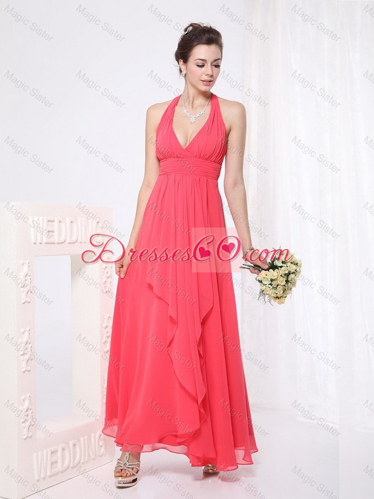 New Style Halter Top Ankle Length Prom Dress in Red