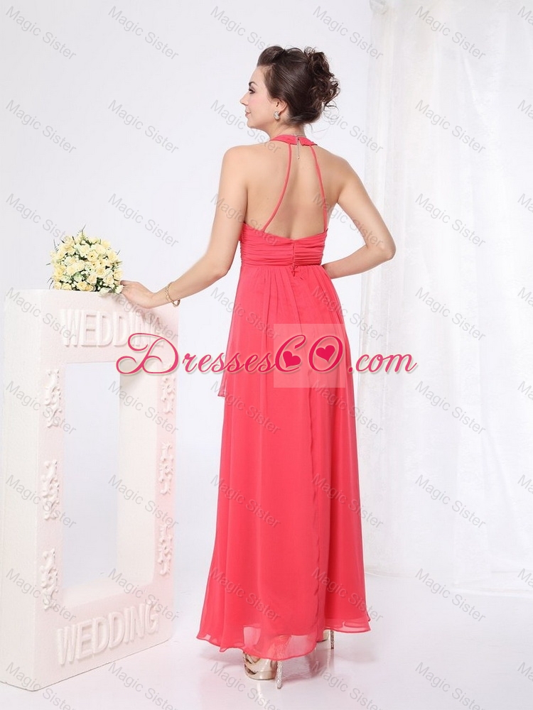 New Style Halter Top Ankle Length Prom Dress in Red