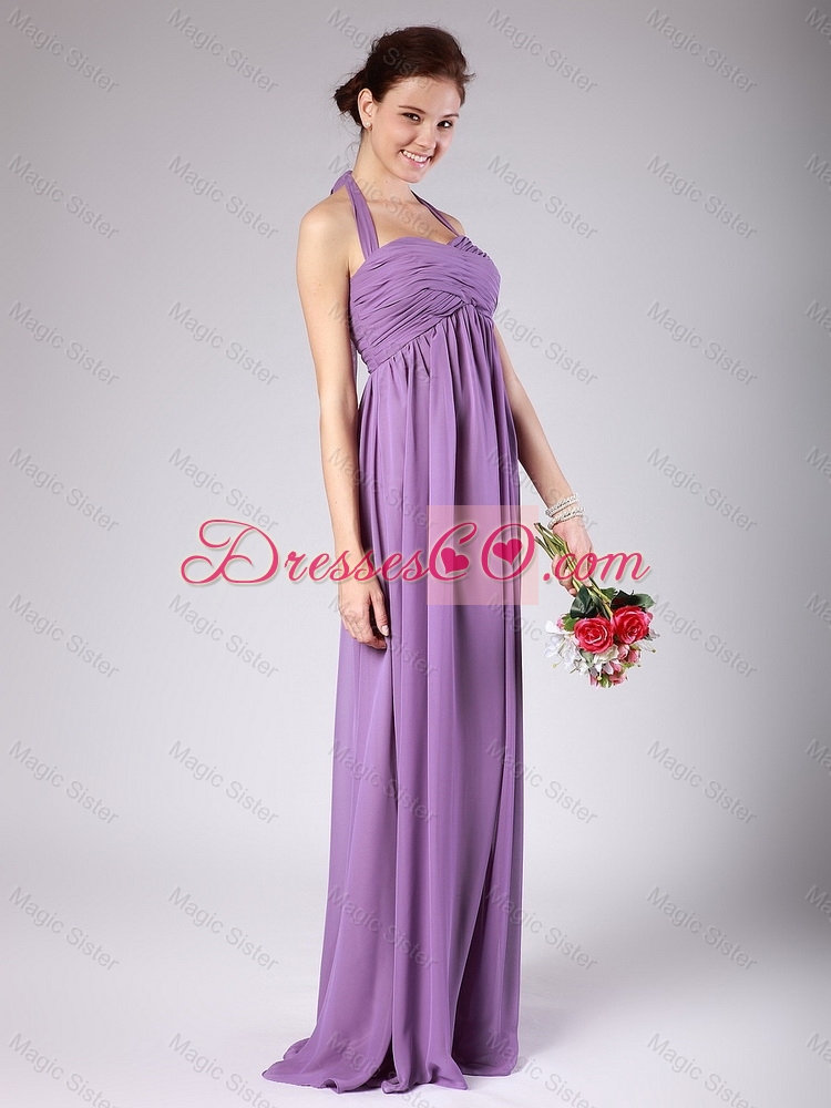 Perfect Halter Top Ruched Prom Gowns with Brush Train
