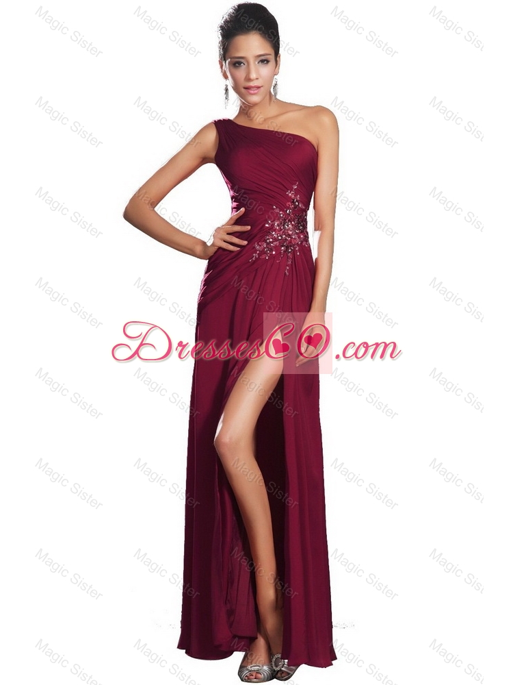 Beautiful High Slit Prom Gowns with Beading and Ruching