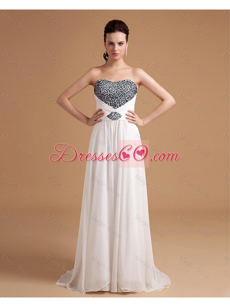 New Arrival Sweep Train Beading Prom Dress in White