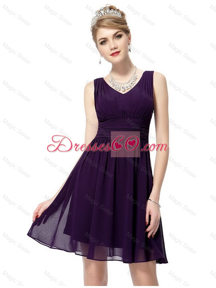 New Arrivals New Style Beautiful V Neck Dark Purple Prom Dress with Ruching
