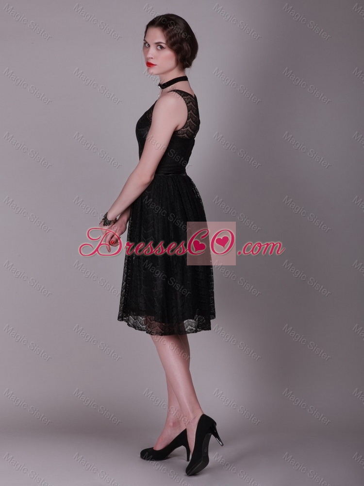 Popular New Style Bateau Belt Laced Prom Gowns in Black