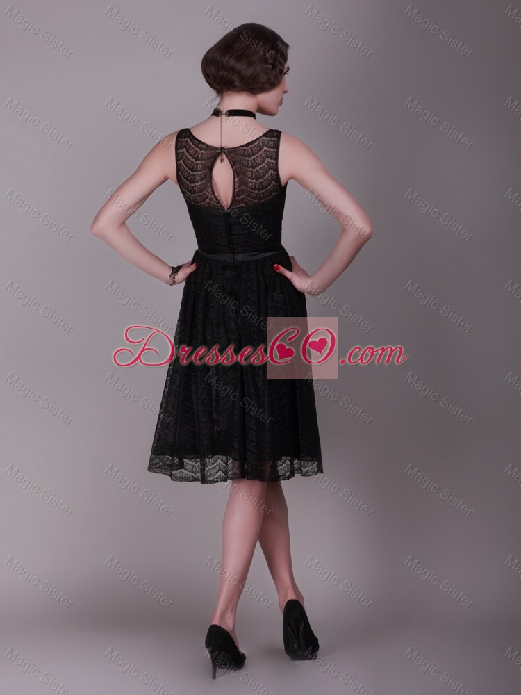 Popular New Style Bateau Belt Laced Prom Gowns in Black