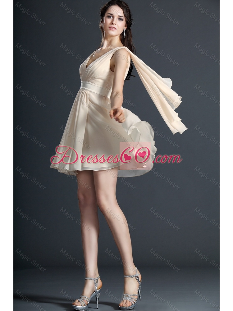 Wonderful Ruching and Belt Champagne Short Prom Dress
