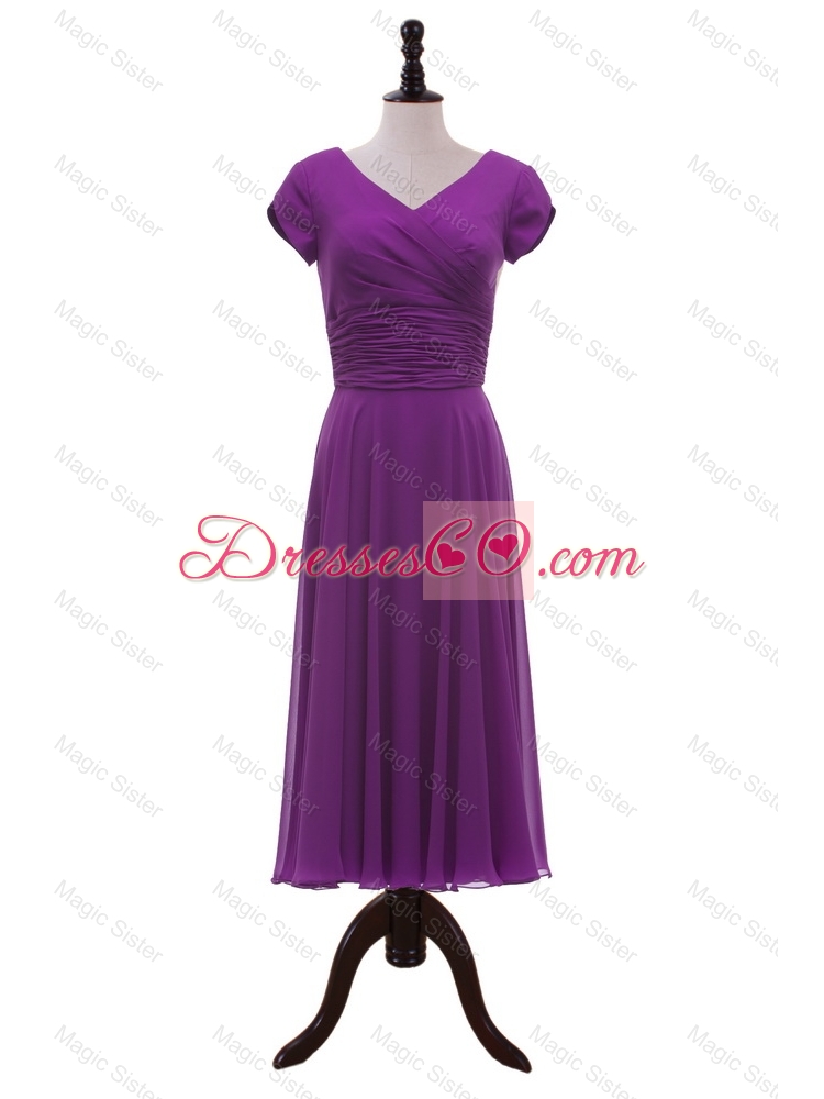 Most Popular V Neck Pleats Prom Dress in Eggplant Purple
