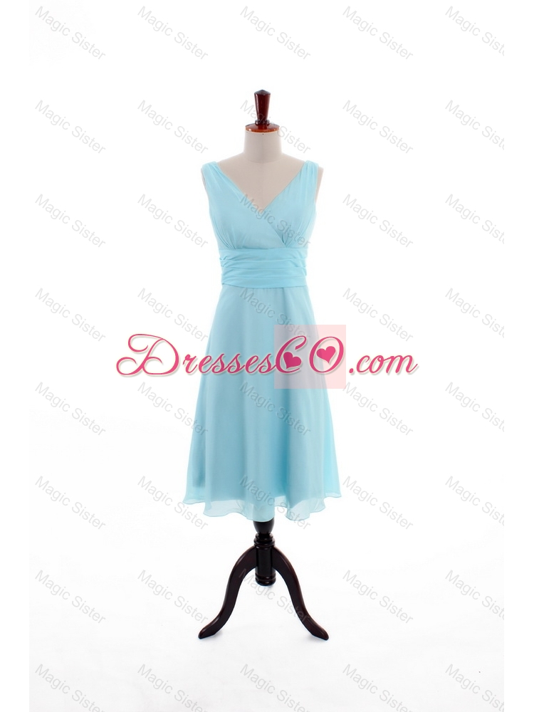 Custom Made Empire V Neck Knee Length Prom Dress in Light Blue