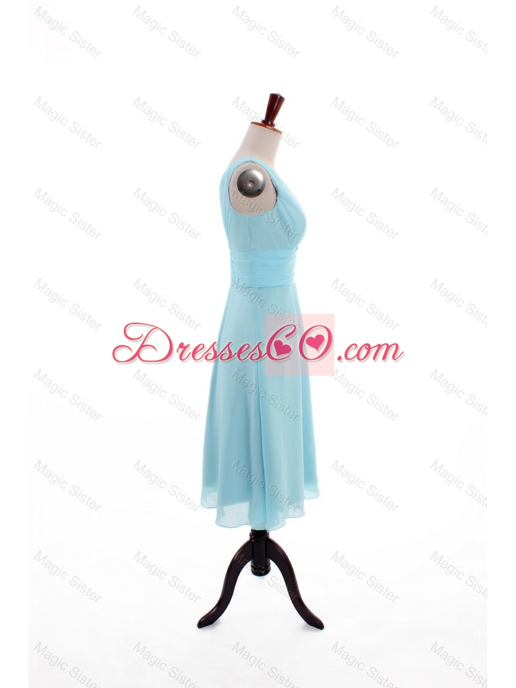 Custom Made Empire V Neck Knee Length Prom Dress in Light Blue