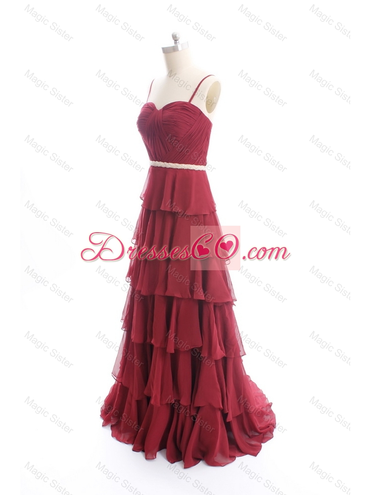 Exclusive Brush Train Belt and Ruffled Layers Prom Dress in Wine Red