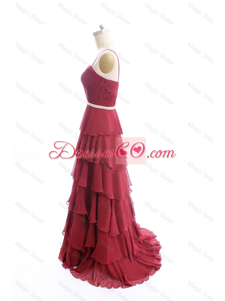 Exclusive Brush Train Belt and Ruffled Layers Prom Dress in Wine Red