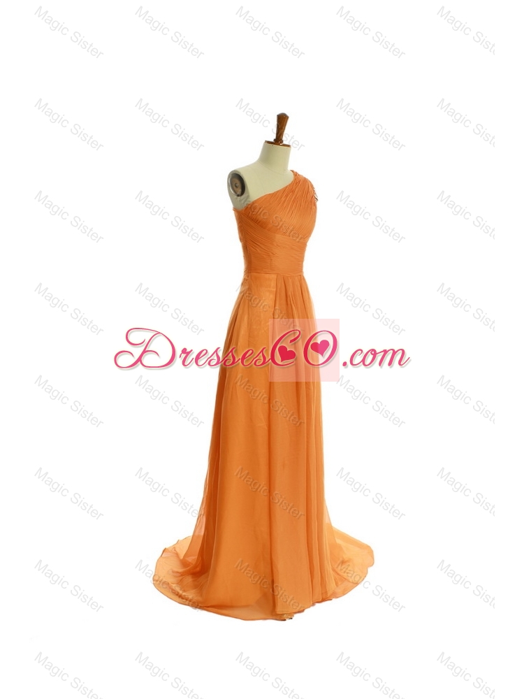 Gorgeous Ruching One Shoulder Orange Prom Dress with Brush Train