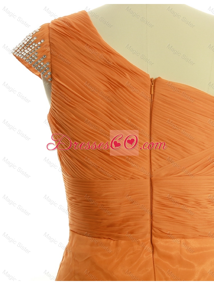 Gorgeous Ruching One Shoulder Orange Prom Dress with Brush Train