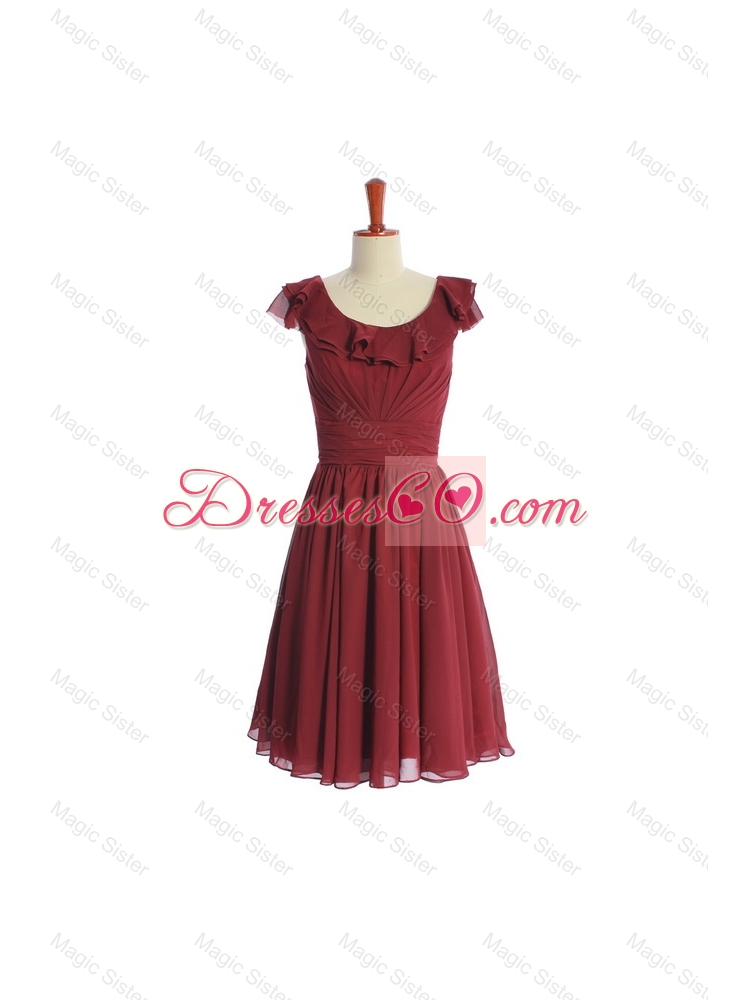 Inexpensive Wine Red Short Prom Dress with Ruffled Layers and Belt