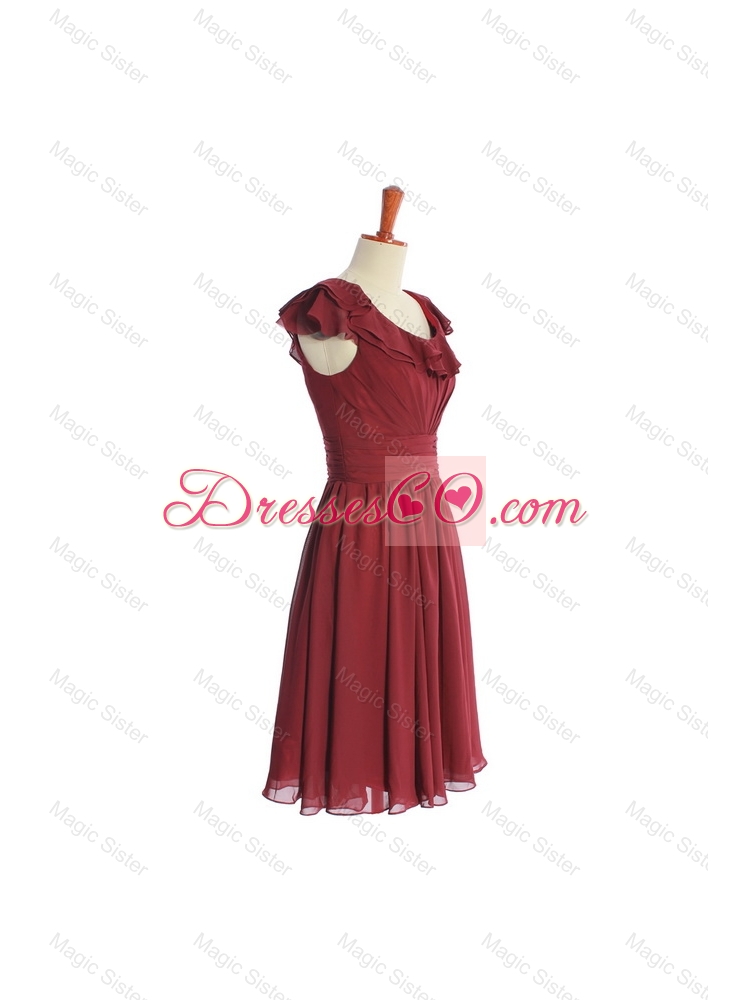 Inexpensive Wine Red Short Prom Dress with Ruffled Layers and Belt