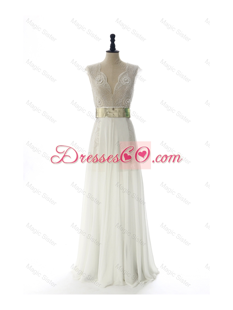 New Style White Long Prom Dress with Beading and Belt for