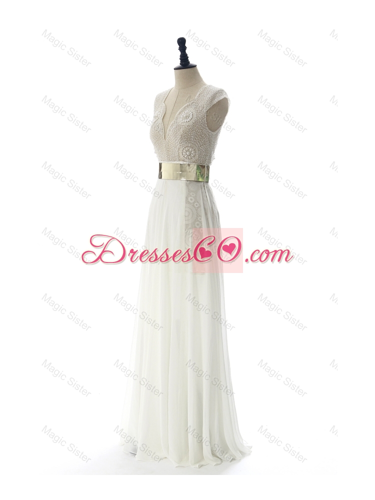 New Style White Long Prom Dress with Beading and Belt for