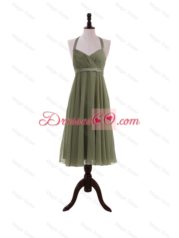 Simple Belt Halter Top Short Prom Dress in Olive Green