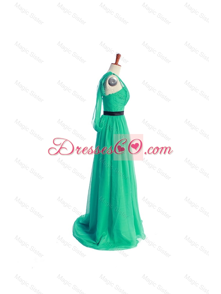 Discount Ruching and Belt One Shoulder Green Long Prom Dress