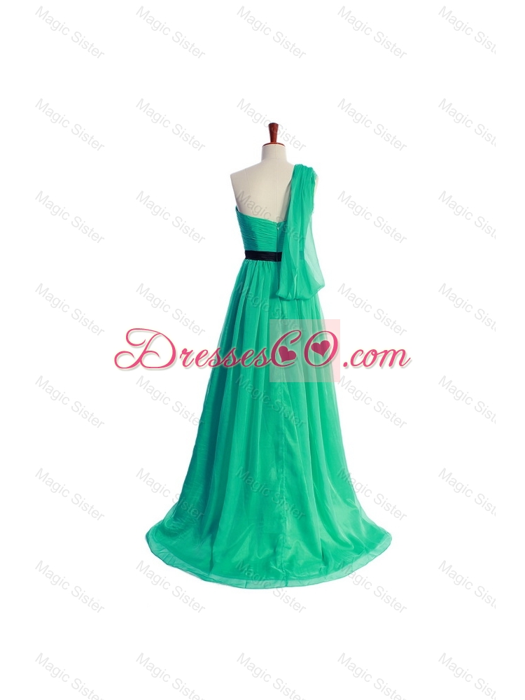 Discount Ruching and Belt One Shoulder Green Long Prom Dress