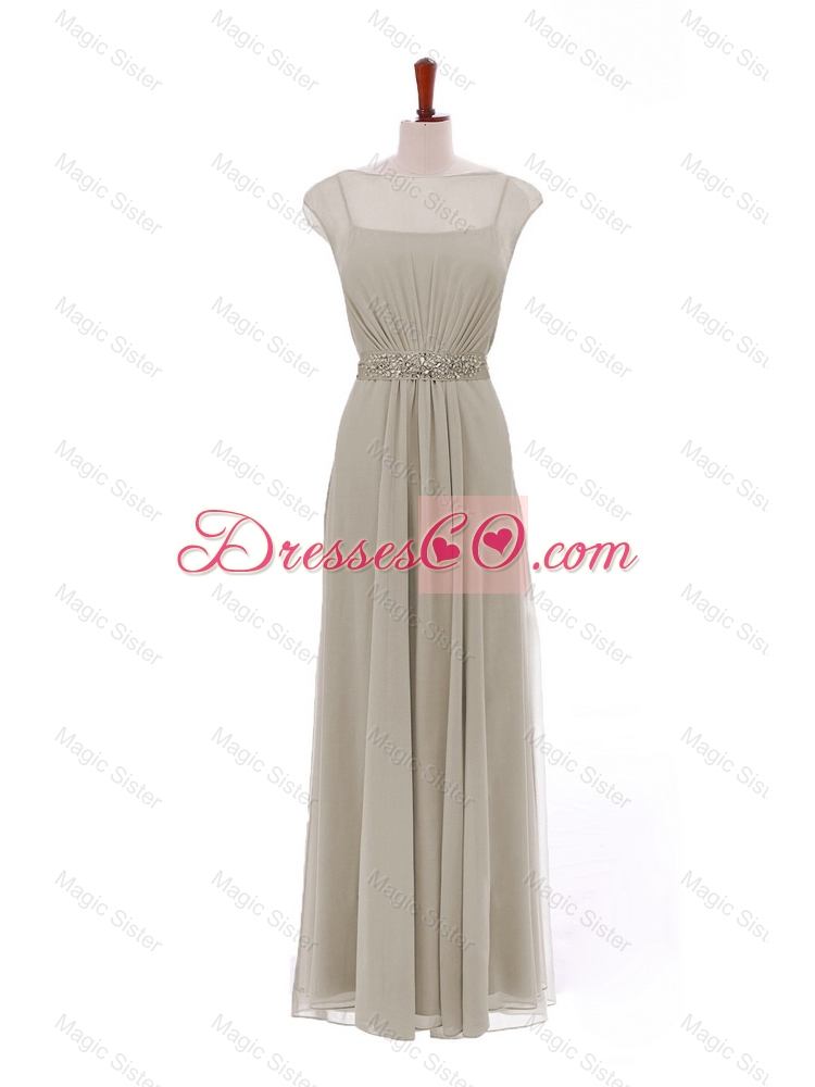 Simple Bateau Grey Long Prom Dress with Beading and Sashes