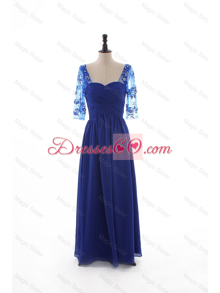 Fall Empire Ruching Prom Dress with Half Sleeves in Blue
